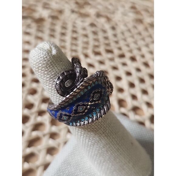 Vintage Sterling Silver Blue Green Enamel Coiled Snake Ring size 6 - Picture 2 of 9